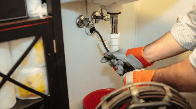 Drain cleaning technician using a motorized plumbing snake to clear a clogged sink pipe in Phoenix, AZ